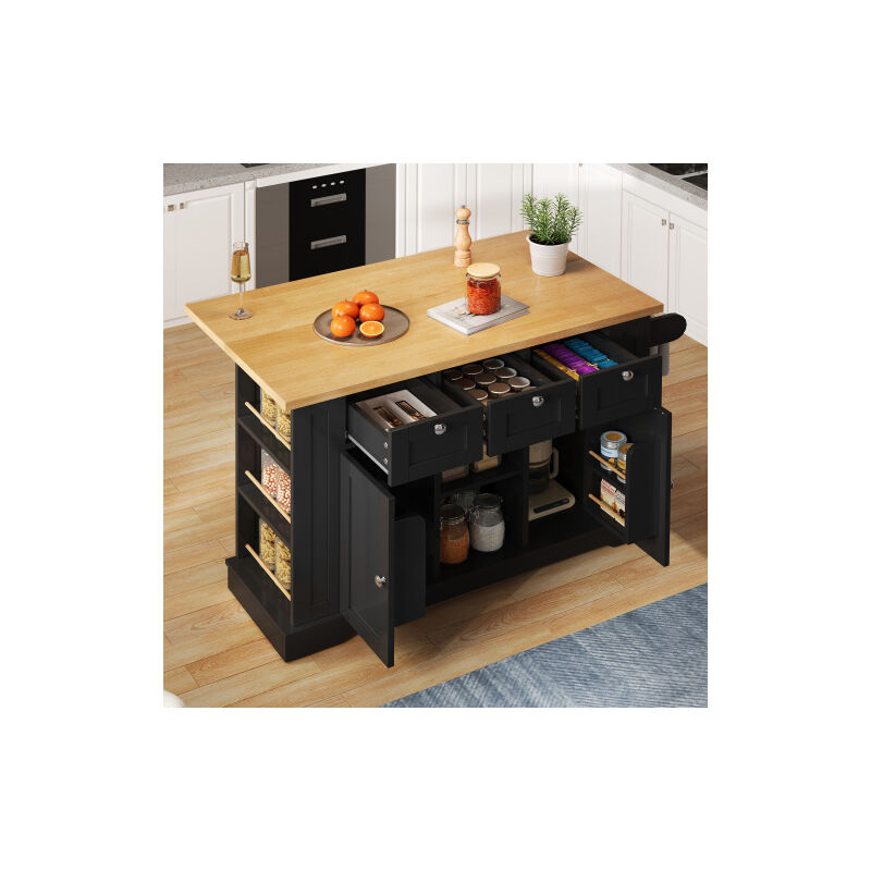 Wishdor - Desserte de cuisine avec 5 roulettes, tiroir, étagère à épices, porte-serviettes, plan de travail rabattable, naturel et noir