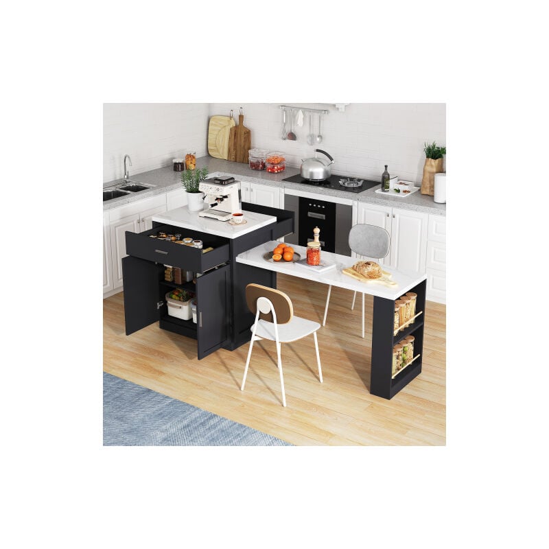 Wishdor - Dessert de cuisine avec table à manger extensible, 2 tiroirs, 2 étagères à ouverture latérale, prise électrique, noir et blanc