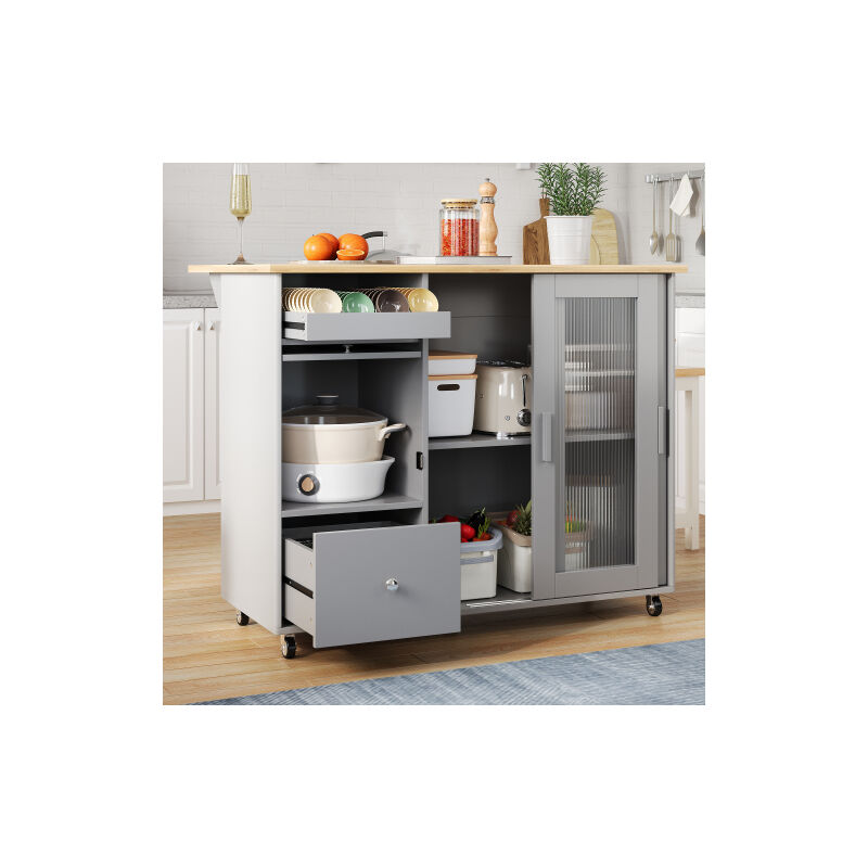 Wishdor - Desserte de cuisine avec roulettes, tiroirs, casier à vin, portes coulissantes en verre et séparateurs réglables, gris et naturel