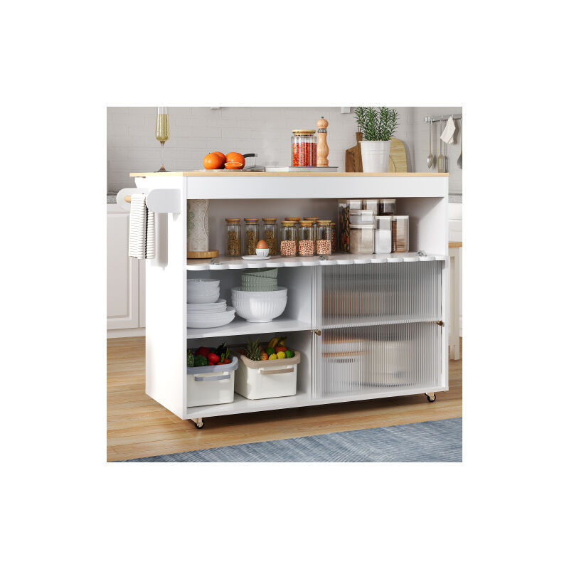 Wishdor - Desserte de cuisine avec roulettes, porte-serviettes, plan de travail en placage de chêne, portes coulissantes en verre, blanc et naturel