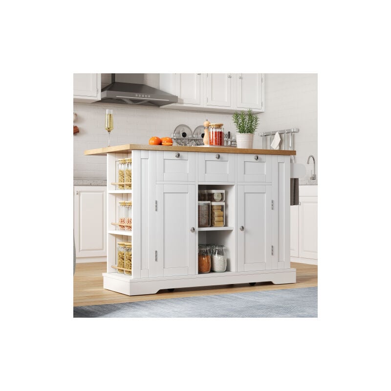 Wishdor - Desserte de cuisine avec 5 roulettes, tiroir, étagère à épices, porte-serviettes, prise de courant intégrée, plan de travail rabattable,