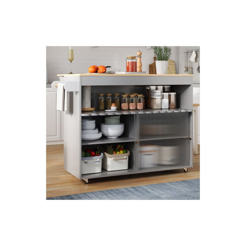 Wishdor - Desserte de cuisine avec roulettes, porte-serviettes, plan de travail en placage de chêne, portes coulissantes en verre, gris