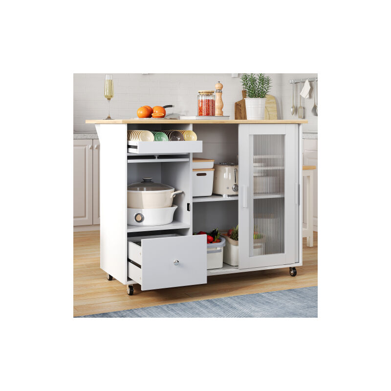Wishdor - Desserte de cuisine avec roulettes, tiroirs, casier à vin, portes coulissantes en verre et séparateurs réglables, blanc et naturel