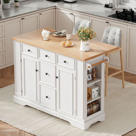 Desserte de cuisine avec plan de travail rabattable, 5 tiroirs et prises usb, blanc, 130,5x40-65x92 cm