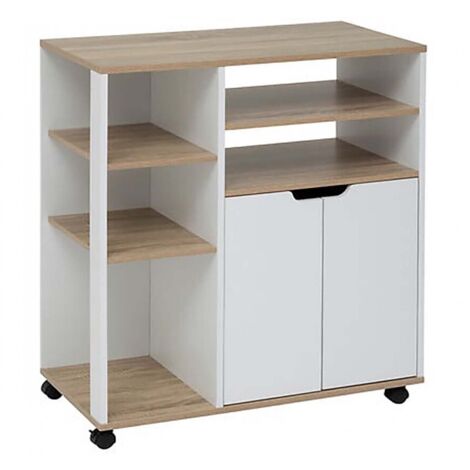 Desserte de cuisine avec roulettes, étagères et placard à 2 portes, coloris chêne/blanc - Longueur 76 x Profondeur 39,5 x Hauteur 85 cm