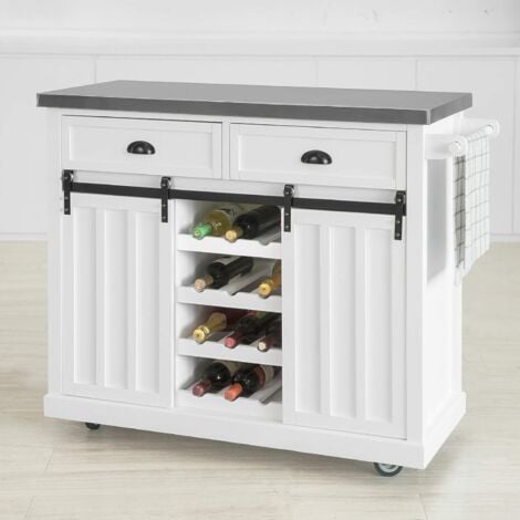 SOBUY Desserte de Cuisine avec Roulettes, Meuble Roulant avec Plan de Travail Inox 116x46x95 cm – 2 Tiroirs, 2 Portes Coulissantes, 4 Étages, Porte-Bouteilles et Porte-Torchon – Bois MDF Laqué E1 – Capacité