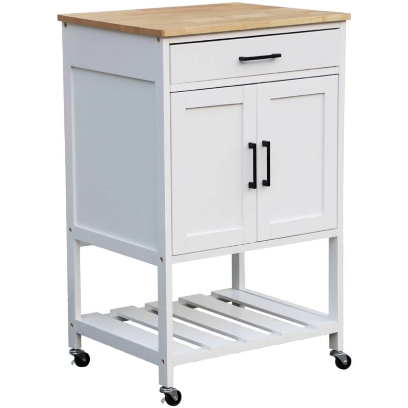 Sweeek - Desserte de cuisine blanche bendor plateau en bois d'hévéa. 56 x 46 x 90 cm. 4 roues. 1 tiroir. 2 étagère. 1 double porte. style contemporain