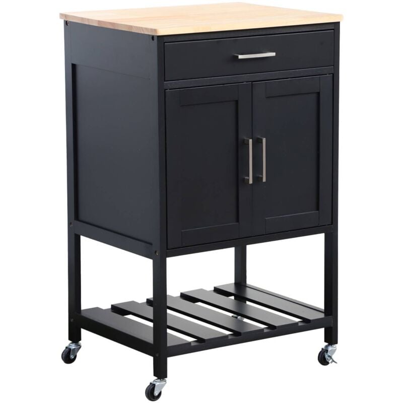 Sweeek - Desserte de cuisine noire bendor plateau en bois d'hévéa. 56 x 46 x 90 cm. 4 roues. 1 tiroir. 2 étagère. 1 double porte. style contemporain
