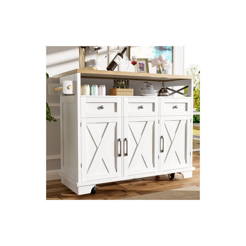 Okwish - Desserte de cuisine blanche, chariot îlot de cusine sur roulettes avec plateau en grain de bois, séparateurs amovibles et porte-serviettes,