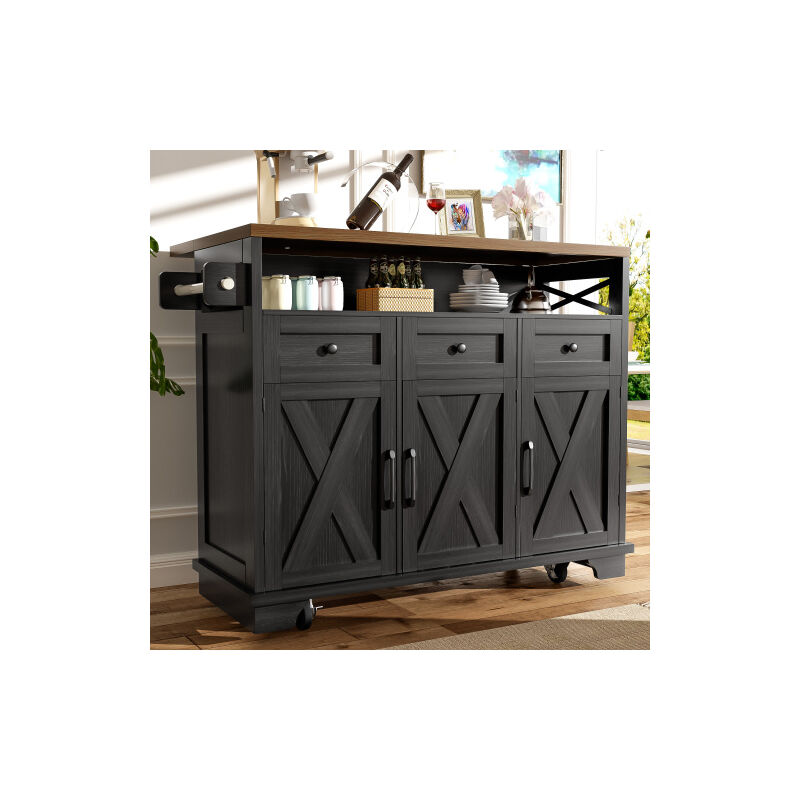 Desserte de cuisine noire, chariot îlot de cusine sur roulettes avec plateau en grain de bois, séparateurs amovibles et porte-serviettes, 118x43x98 cm Desserte de cuisine noire, chariot îlot de cusine sur roulettes avec plateau en grain de bois, séparateurs amovibles et porte-serviettes, 118x43x98 cm