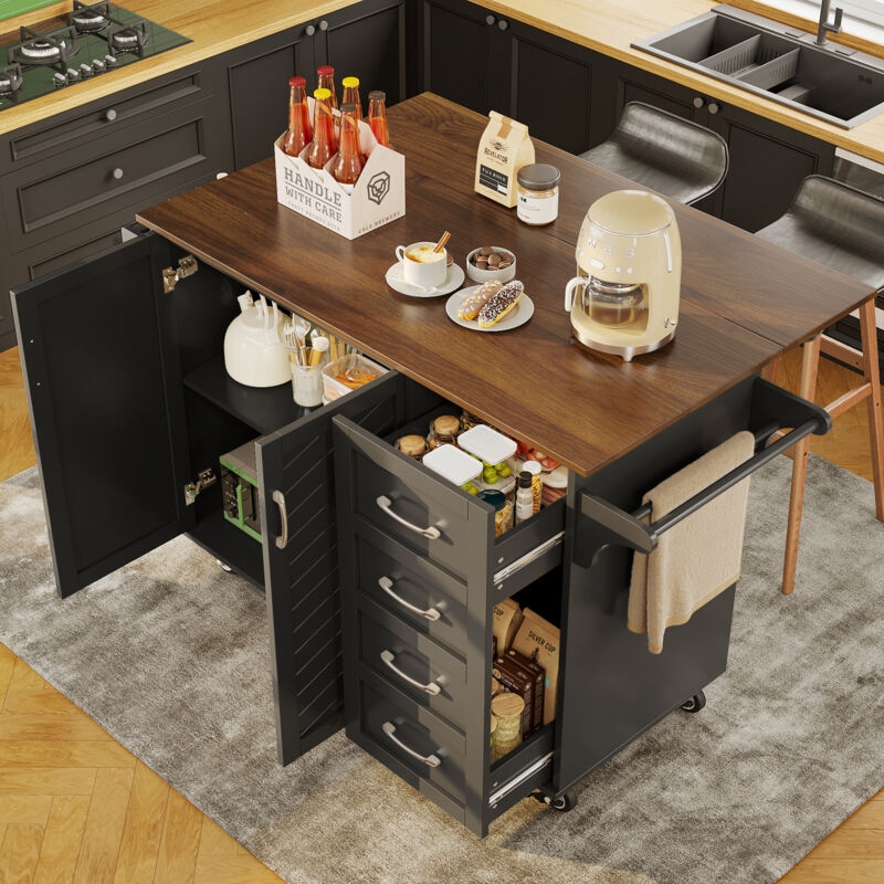 Redom - Desserte de cuisine, Buffet de cuisine, avec porte-serviettes et porte-épices, Étagères réglables, Plateau pliable, mdf, Noir