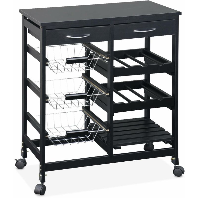 Sweeek - Desserte de cuisine noire. chariot à roulettes - Charlotte - 2 tiroirs. 3 paniers. 2 étagères range bouteilles. 1 étagère