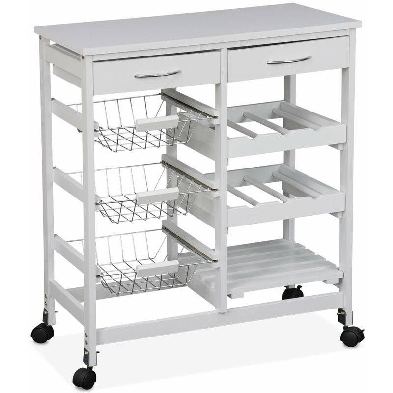 Desserte de cuisine blanche. chariot à roulettes - Charlotte - 2 tiroirs. 3 paniers. 2 étagères range bouteilles. 1 étagère