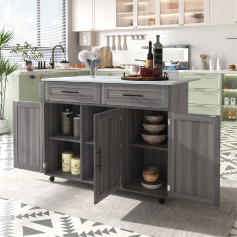 Desserte de cuisine, Chariot de table 129x76x91, 5cm, avec plateau rabattable, étagères intérieures, îlot de cuisine sur 5 roues avec 2 tiroirs, pour la salle à manger, blanc + gris kaki