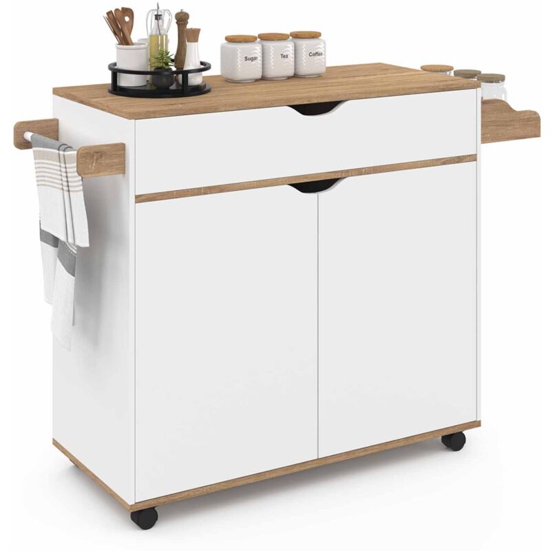 Desserte de cuisine cosy xxl placard avec tiroir blanc et plateaux façon hêtre L.90 cm