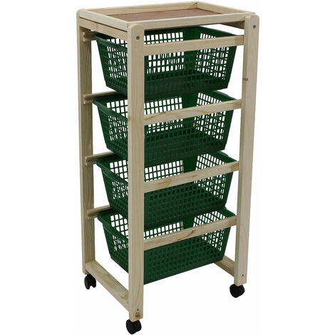 Desserte de cuisine en bois avec 4 paniers – Dimensions 39.5x29.5xh.80 cm – Roues pivotantes pour mobilité