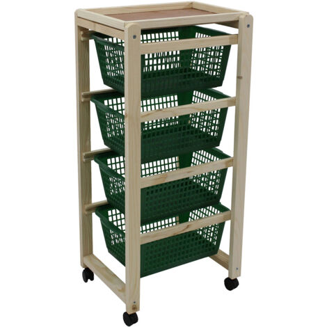 Desserte de cuisine en bois avec 4 paniers – Dimensions 39.5x29.5xh.80cm – Roues pivotantes pour mobilité