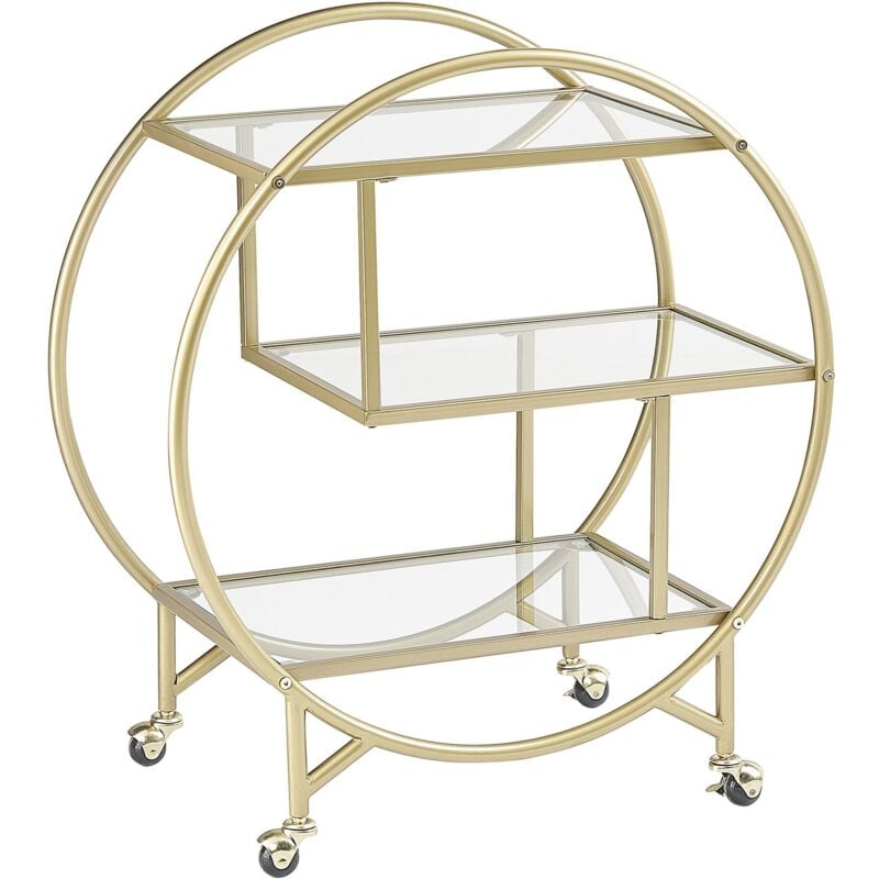Beliani - Chariot de Cuisine Glamour Doré sur Roues Trois Etagères en Verre 50 x 34 cm Colton