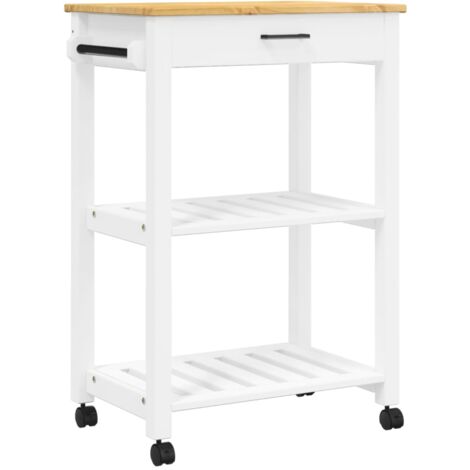 Desserte de cuisine en Pin massif Kitcha 60cm - 1 tiroir et 2 étagères-Blanc