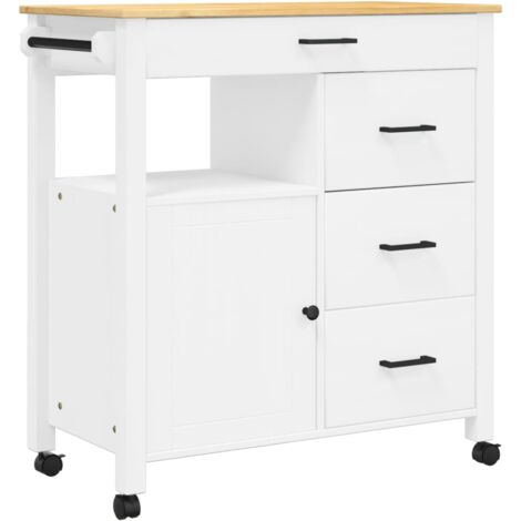 Desserte de cuisine en Pin massif Kitcha 84cm - 1 porte et 4 tiroirs-Blanc