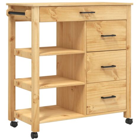 Desserte de cuisine en Pin massif Kitcha 84cm - 4 tiroirs et 3 étagères-Naturel