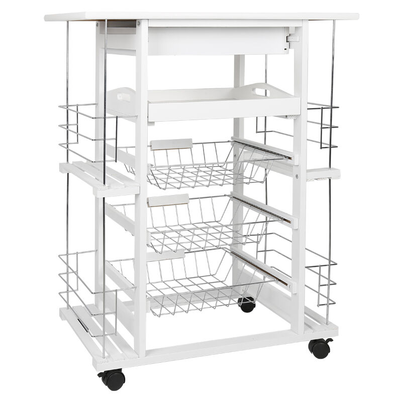 Desserte de cuisine en pin massif sur roulettes L 67 cm - 1 tiroir - blanc mat