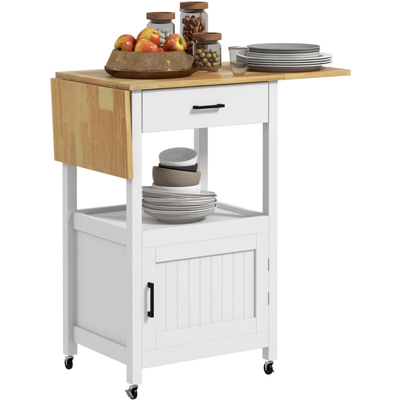 Homcom - Desserte de cuisine extensible sur roulettes - porte, niche, tiroir - rallonges bois hévéa verni mdf blanc