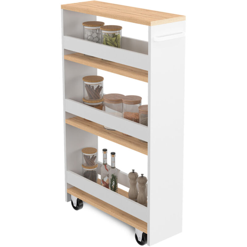Desserte de cuisine gain de place haga chariot de rangement à étages blanc et façon hêtre