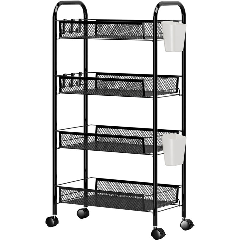 Flasidu - Desserte de cuisine, grillage métallique empilable 4 couches, roues pivotantes à 360°, 44×27×84cm, noir.