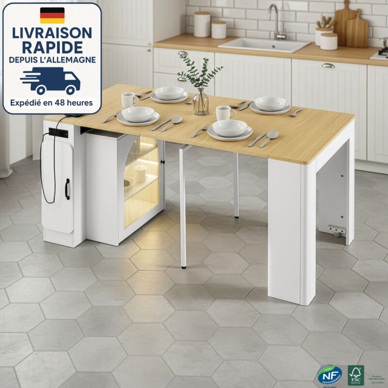 Desserte de cuisine -Îlot de cuisine mobile blanc et bois naturel — table extensible 3 plans, éclairage LED, prises USB/Type-C, rangements intégrés