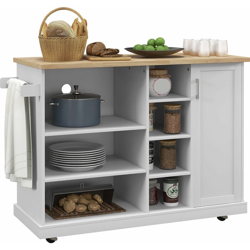 Homcom - Desserte de cuisine îlot multi-rangement mdf blanc plateau bois hévéa verni