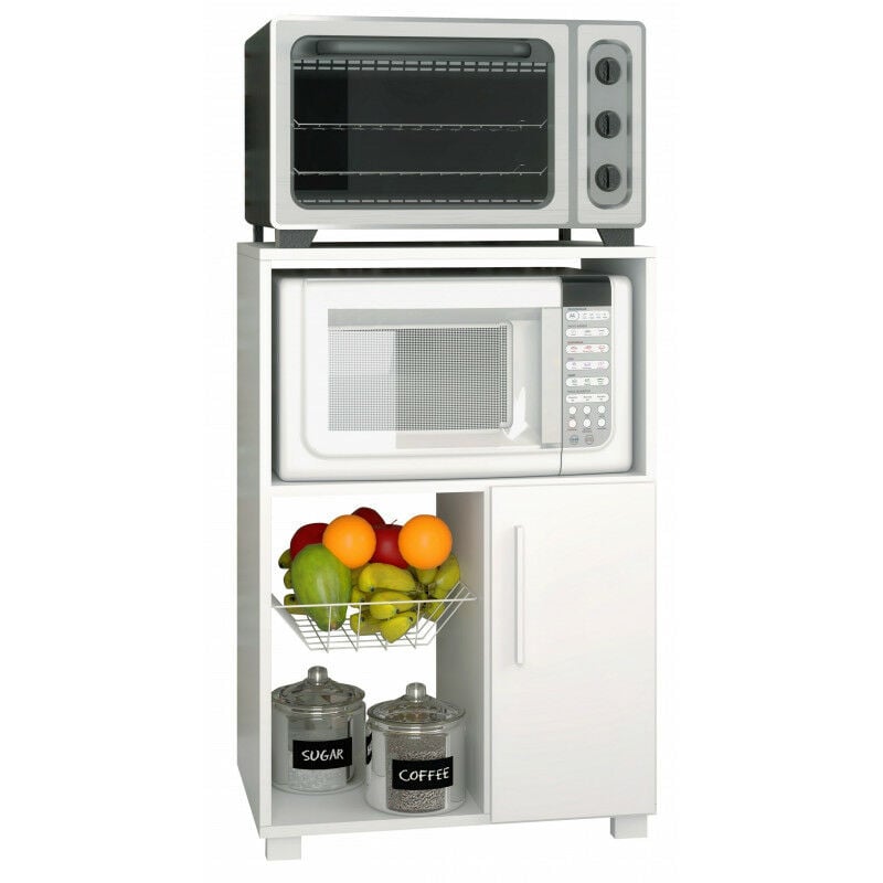 Beaux Meubles Pas Chers - Desserte de Cuisine Micro-Onde Blanche 1 Porte 1 Panier Métal
