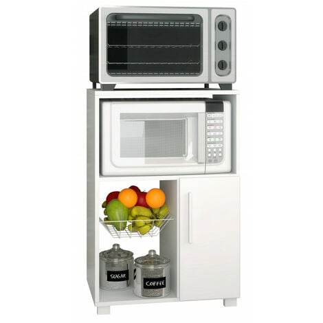 BEAUX MEUBLES PAS CHERS Desserte de Cuisine Micro-Onde Blanche 1 Porte 1 Panier Métal