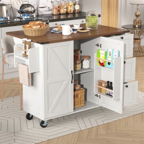 Desserte de Cuisine Mobile 140x45-73x92.5 cm - avec Plan de Travail Extensible, 3 Tiroirs, Placard et Porte-Épices - Beige