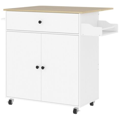 Desserte de cuisine mobile avec plan de travail pliable tiroir et armoire - Étagère porte-serviettes et porte-épices intégrés - Chariot pratique avec roulettes couleur blanc