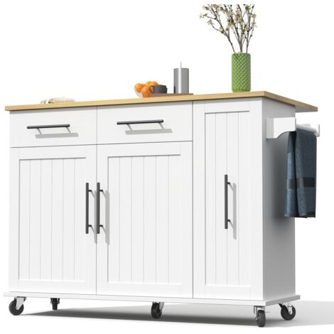 Desserte de cuisine mobile avec rallonge abattante-3 tiroirs et range couverts-Blanc et naturel-120x40-65x90cm