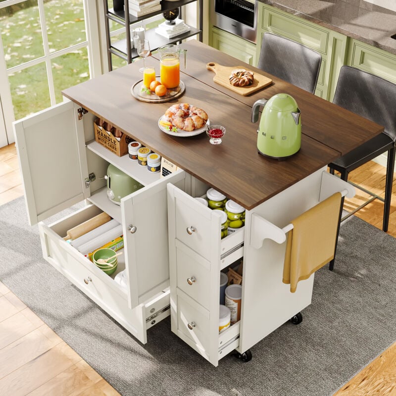 Desserte de cuisine moderne, buffet de cuisine, îlot de cuisine, plateau de table pliable en MDF grain de bois, blanc, 128x46x92,5 cm