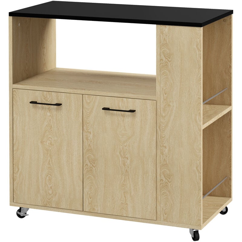 Homcom - Desserte de cuisine multi-rangement 2 portes, étagère, niche, plateau, 2 porte-épices noir aspect chêne clair