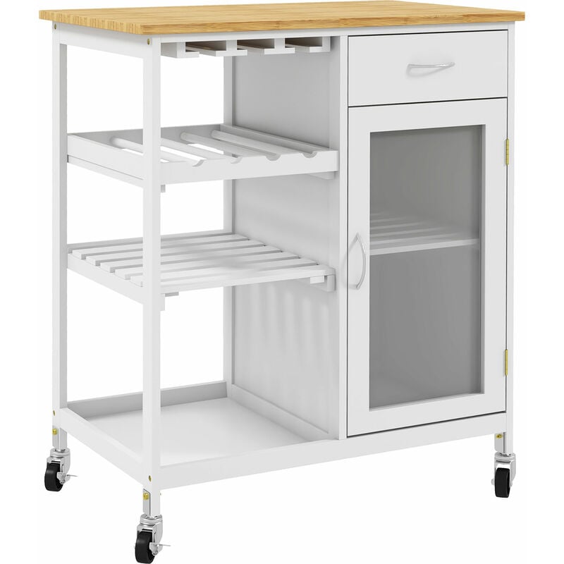 Homcom - Desserte de cuisine multi-rangement - porte acrylique poignées métal mdf blanc aspect bambou