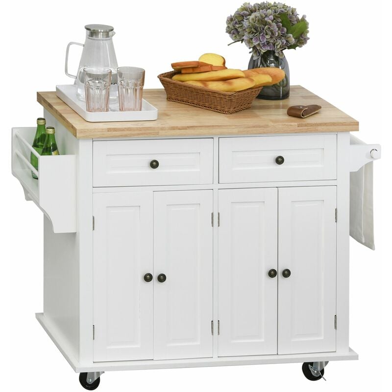 Desserte de cuisine multi rangements 2 tiroirs 2 placard 2 portes avec étagère range-bouteille porte-torchons MDF blanc hévéa - Blanc
