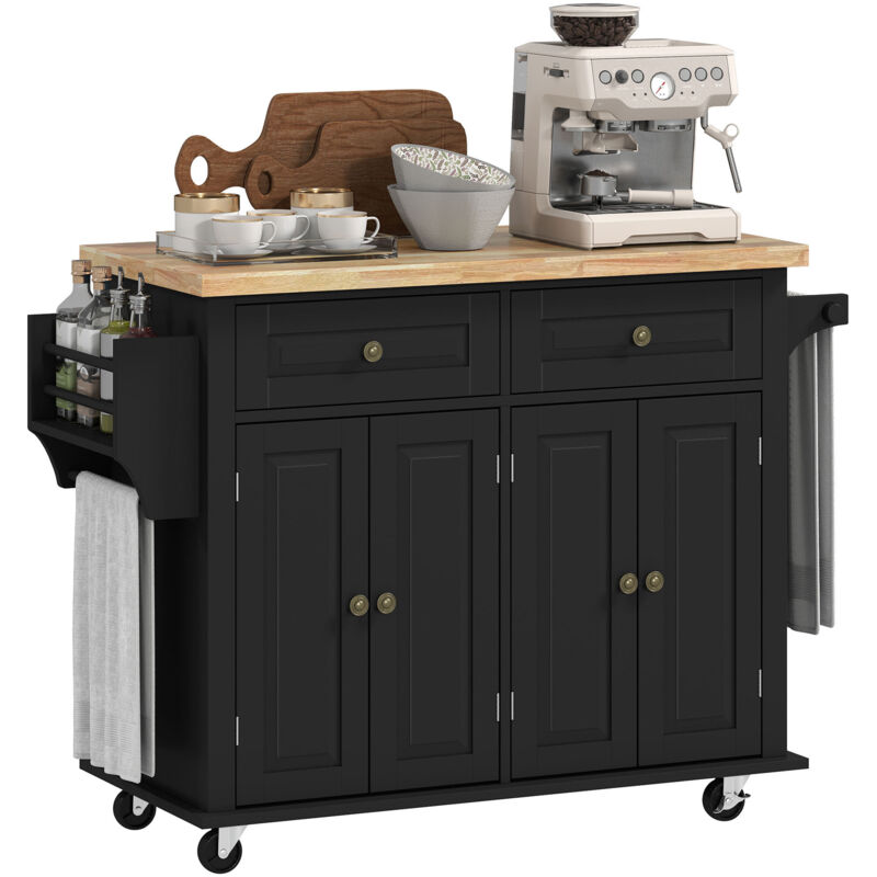 Homcom - Desserte de cuisine multi rangements 2 tiroirs 2 placard 2 portes avec étagère range-bouteille porte-torchons mdf noir hévéa