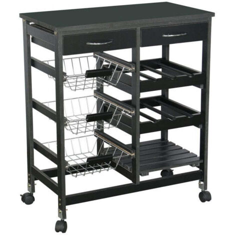 Desserte de Cuisine Multi-rangements en Bois Noir et Métal