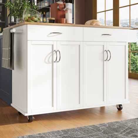 Desserte de cuisine multifonction blanche 106x50cm avec îlot, buffet, rangement, chariot mobile à grain de bois, table extensible pour salle à manger et séjour