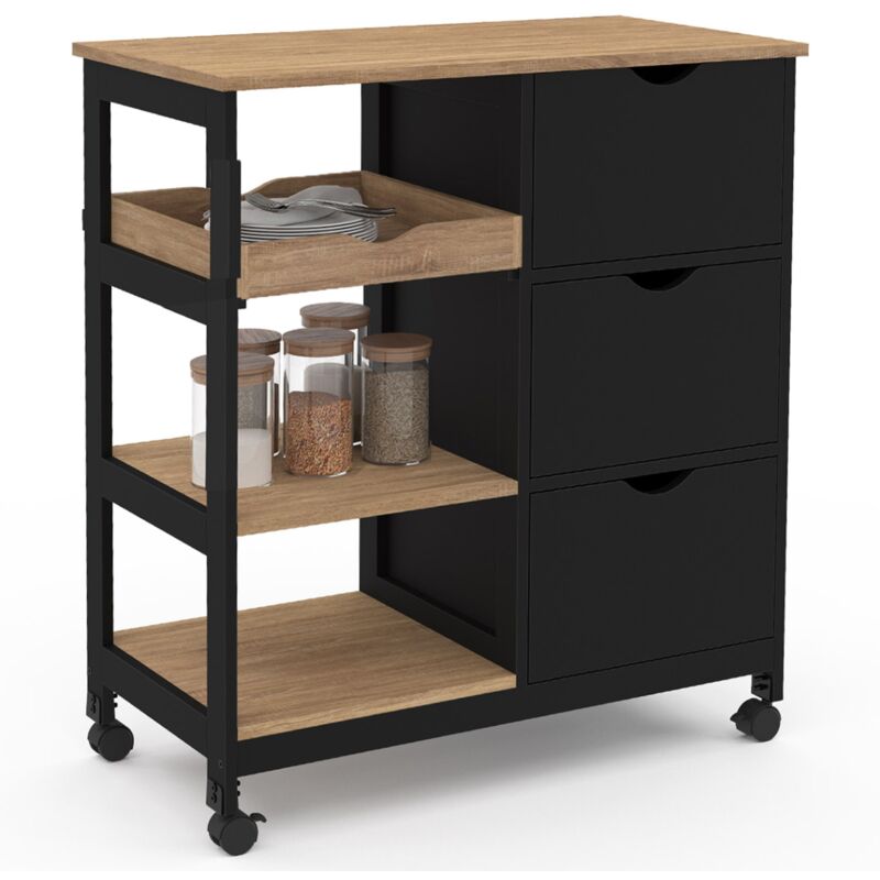 Idmarket – Desserte de cuisine avec 3 paniers et plateau amovible – Noir effet hêtre – Dimensions L.76 x l.40 x H.85 cm – 4 roulettes avec freins