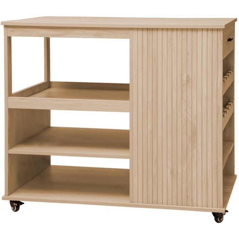 Desserte de cuisine naturelle avec range bouteilles. BATZ. 5 étagères. avec roulettes. 100 x 60 x 89 cm
