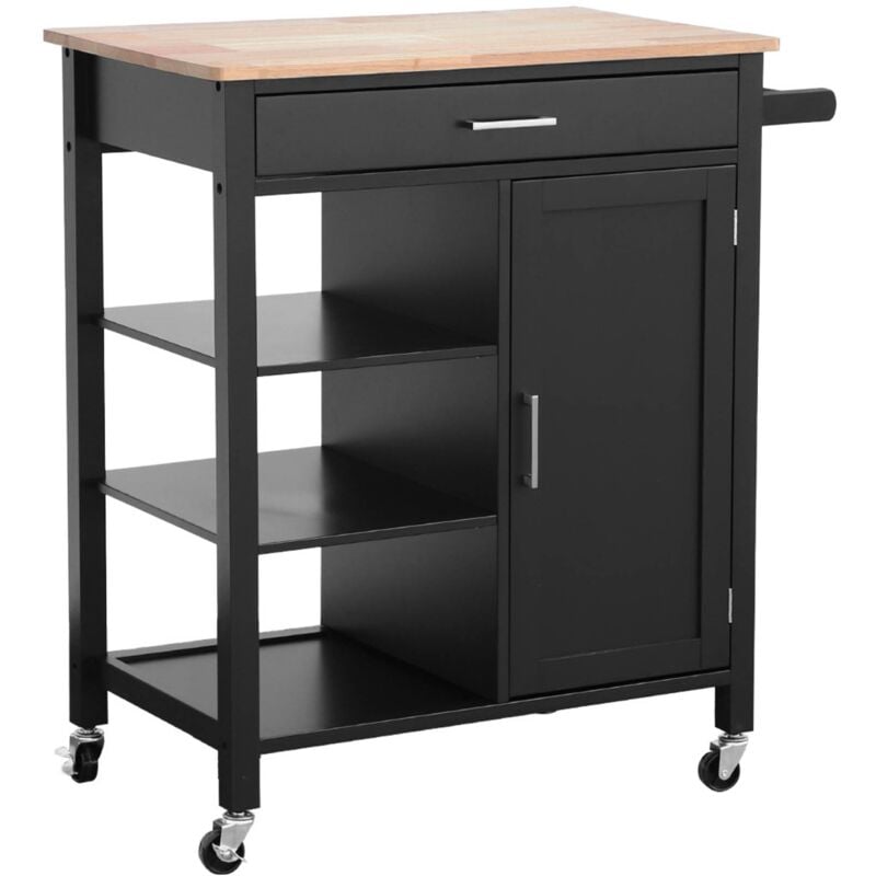 Sweeek - Desserte de cuisine noire bendor plateau en bois d'hévéa. 83 x 47 x 91 cm. 1 poignée. 4 roues. 1 tiroir. 5 étagères. 1 porte. style