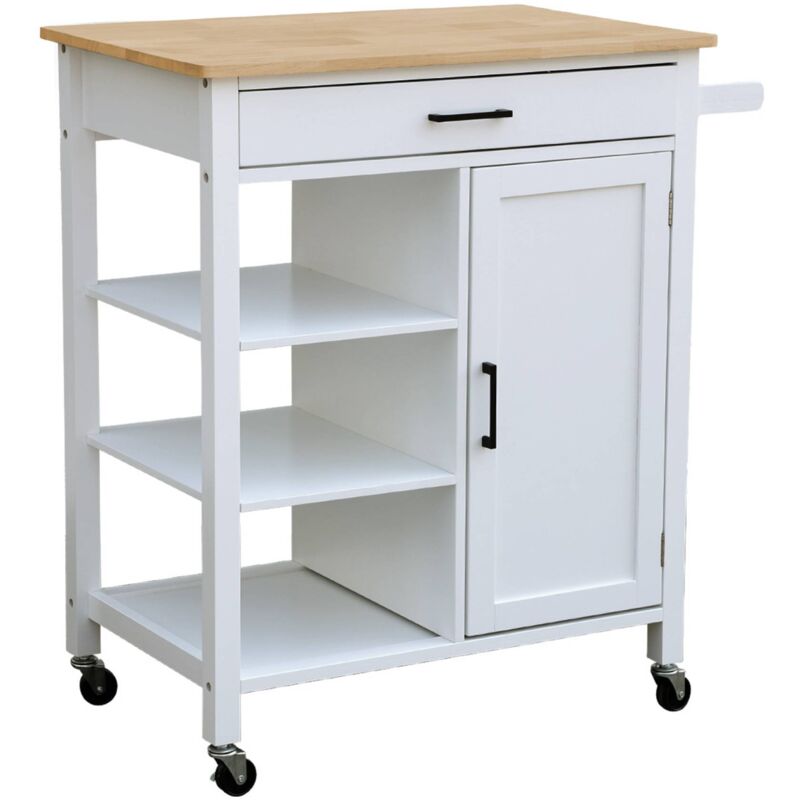 Sweeek - Desserte de cuisine blanche bendor plateau en bois d'hévéa. 83 x 47 x 91 cm. 1 poignée. 4 roues. 1 tiroir. 5 étagères. 1 porte. style