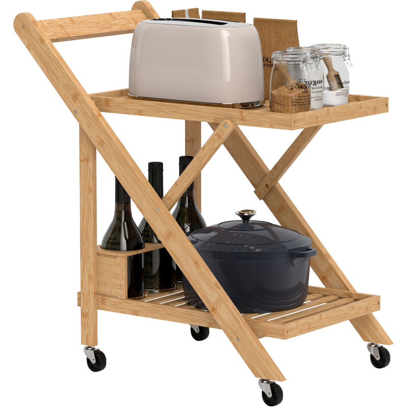 Homcom - Desserte de cuisine pliable en bambou 2 plateaux, 4 roues, 3 casiers à vin