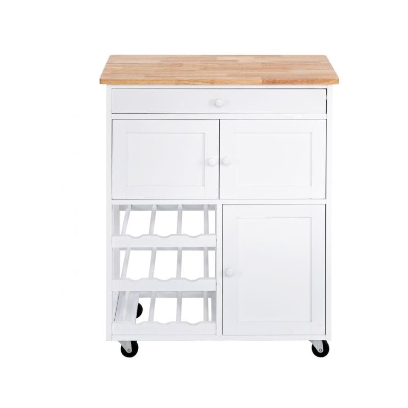 Desserte de cuisine roulante chariot de service avec 1 tiroir 2 armoires 1 casier à vin en bois 67 x 37 x 86,5cm blanc