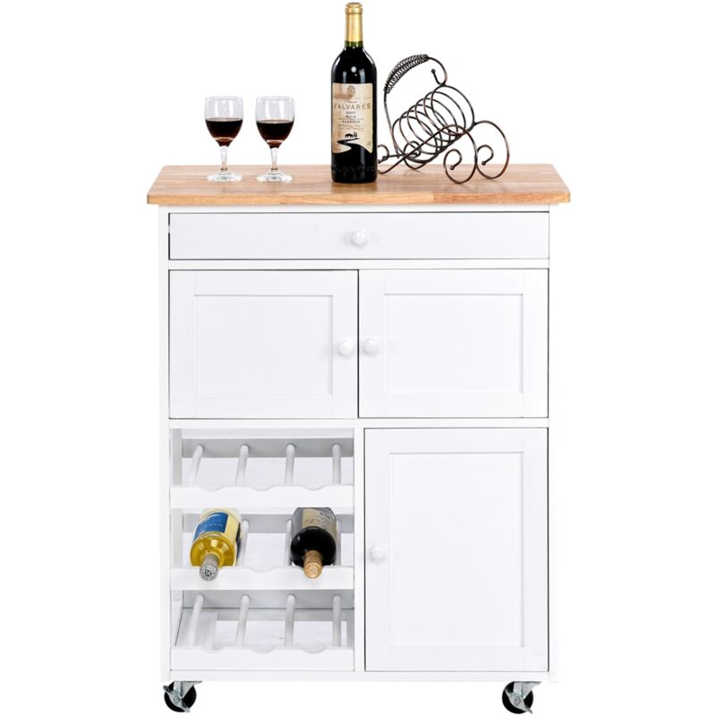 Maisonchic - Desserte de Cuisine Roulante Chariot de Service avec 1 Tiroir 2 Armoires 1 Casier à Vin en Bois 67x37x865cm Blanc design in